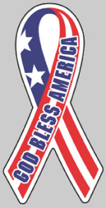 Image of "God Bless America" ribbon flexo-printed on white paper with adhesive back
