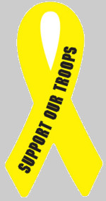 Image of "Support our Troops" ribbon flexo-printed on white paper with adhesive back